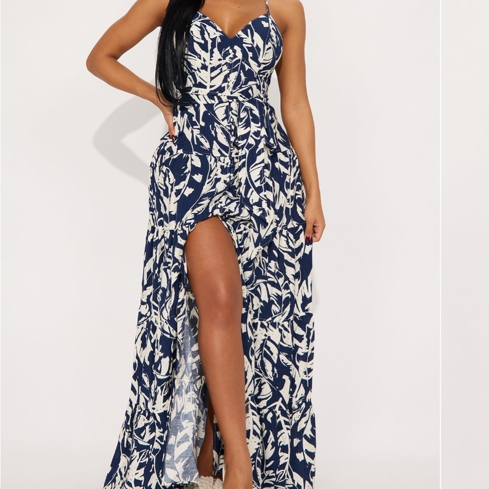 Fashion Nova Blue and White Slit Maxi Dress